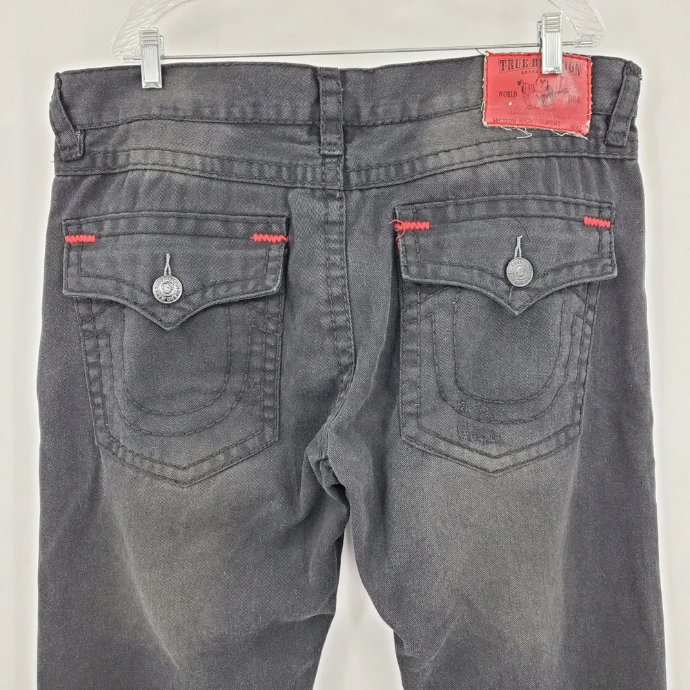True Religion Ricky Super T Mens 42 Black Jeans Red Contrast Stitch‎ Made in USA